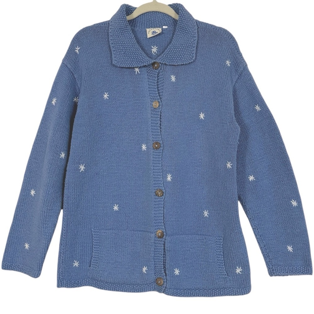 PACHMAMA HAND MADE COLLARD BUTTON UP  CARDIGAN CORNFLOWER BLUE SWEATER SIZE S/M